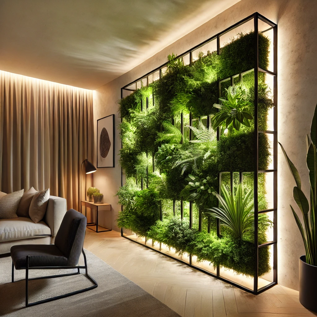 Jardim Vertical Iluminado com LED em Ambiente Interno Moderno