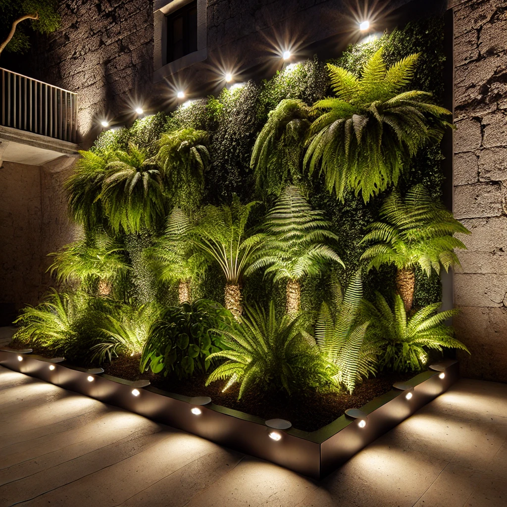 Jardim Vertical Externo com Iluminação de Realce Noturno