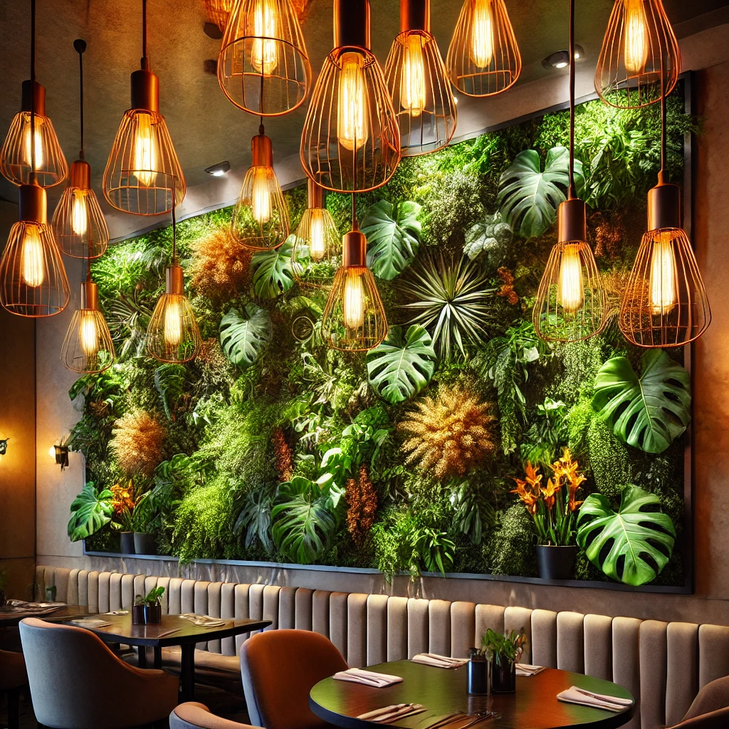 Em um restaurante elegante, um jardim vertical que ocupa toda uma parede é iluminado por luminárias decorativas pendentes, com luzes de filamento exposto. As plantas incluem uma mistura de espécies de folhas largas e plantas floríferas. A luz suave e quente das lâmpadas cria uma atmosfera acolhedora, e as luminárias em estilo industrial combinam com a decoração do espaço. Algumas luminárias estão posicionadas para destacar plantas específicas, como orquídeas e filodendros.