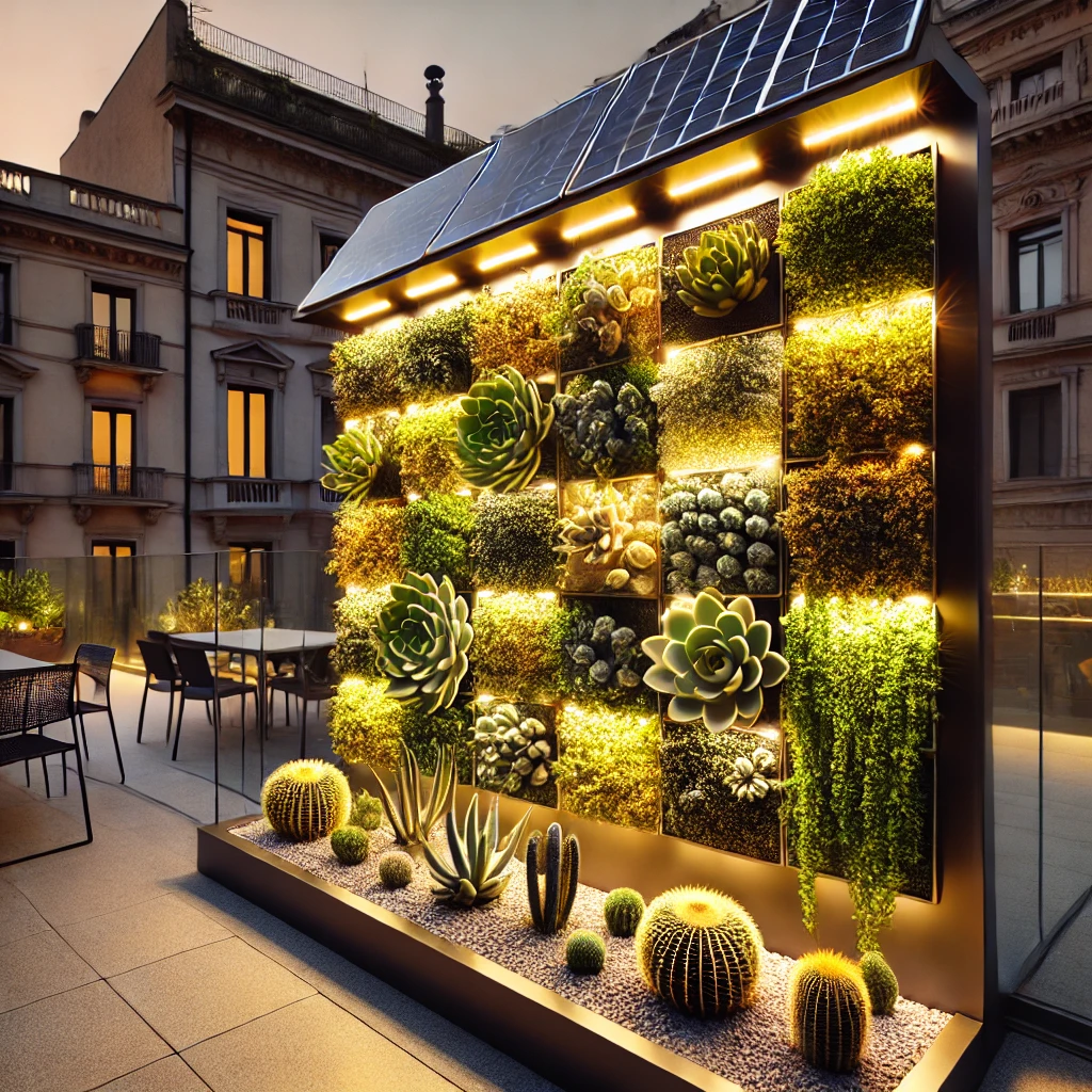 Jardim Vertical com Iluminação Solar em um Terraço Urbano